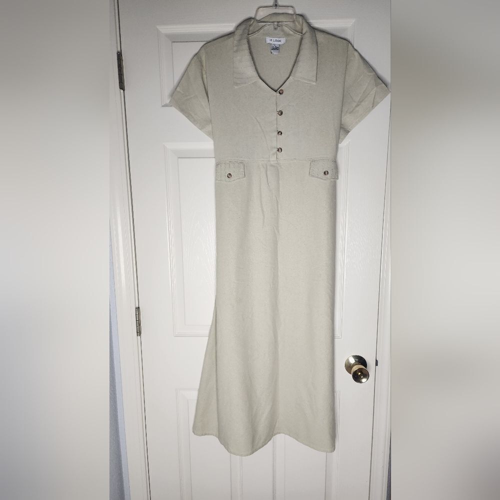 H Look M Gin Green 100% SILK  Buttons Polo Collar Shrtslv Belt Women Midi Dress